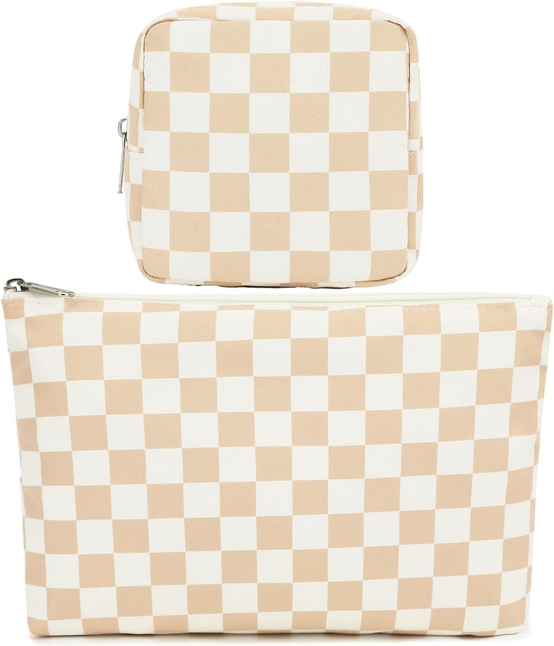 Fammart Checkered Makeup Bag, Travel Cosmetic Bag Organizer Toiletry Bag Make Up Bags with Zipper & Compartments for Women Girls, 2PCS - Image 1